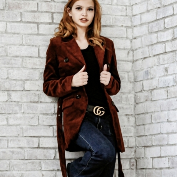 Amber Brown Belted Cord Trench Coat Jacket - Picture 4 of 8